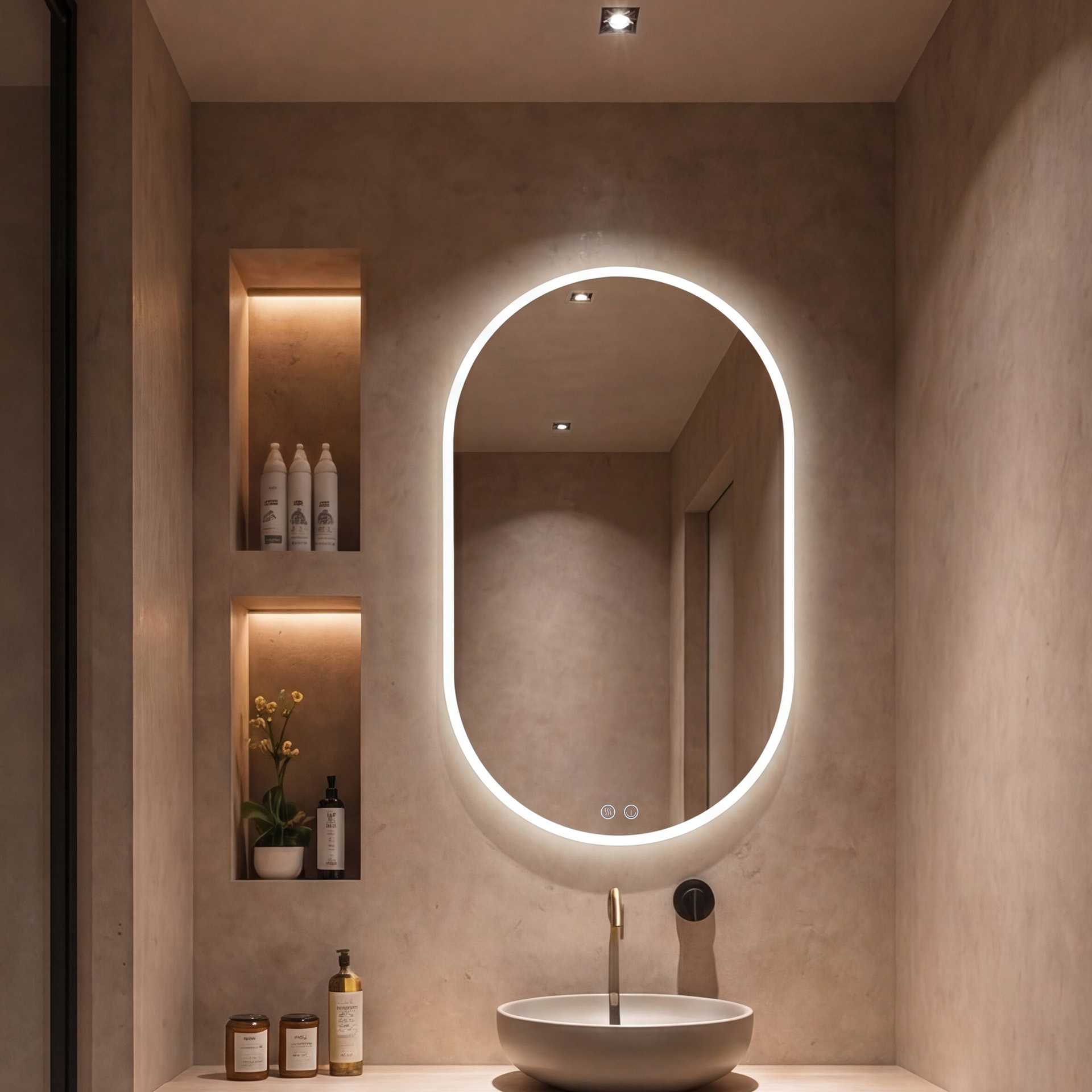 nehir (2) Buğu Çözücülü Dokunmatik LED Işıklı Oval Banyo Aynası - Görsel 1